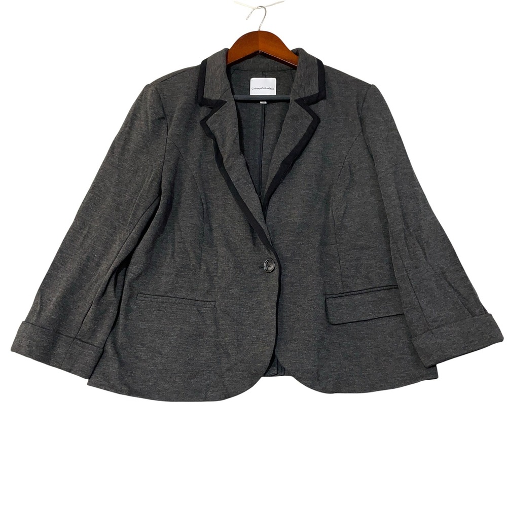 Catherine Malandrino Women's L Contrast Trim Knit Blazer Charcoal Black Rayon